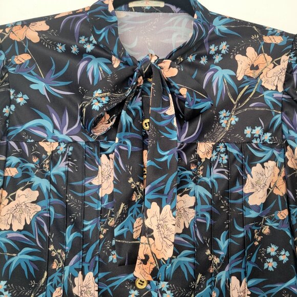 Vintage 70s Botanical Lavallière (Tie-Neck Bow) Blouse Estimated Size Small - Picture 3 of 12